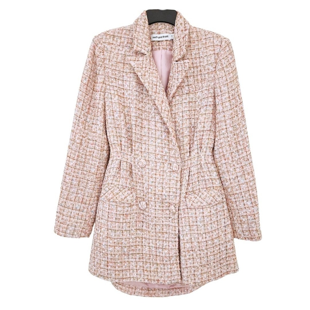 Self-Portrait Tweed Boucle Mini Dress Pink Gold Sequin Long Sleeve Suit Blazer 8 - Picture 5 of 12